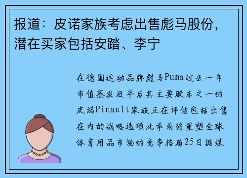 报道:皮诺家族考虑出售彪马股份,潜在买家包括安踏、李宁 报道:皮诺家族考虑出售彪马股份,潜在买家包括安踏、李宁